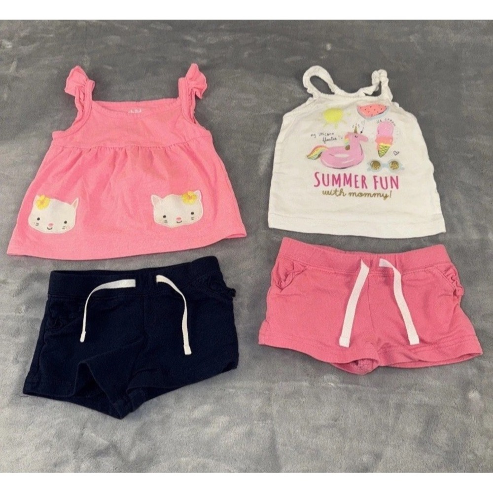 4 PC Lot: Infant (6-12 Mo) Girls Sleeveless Tops & Pull-on Shorts Pink/Navy-Blue